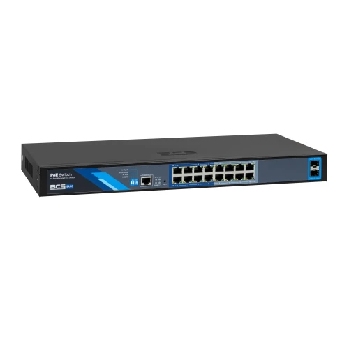 Na zdjęciu znajduje się czarny, prostokątny switch sieciowy z 16 portami PoE oraz dodatkowymi portami na niebieskim tle. Urządzenie ma nowoczesny design z logo i oznaczeniami na przednim panelu.