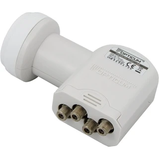 Na zdjęciu znajduje się konwerter satelitarny Opticum Quad LNB, który posiada cztery wyjścia do podłączenia kabli. Produkt Opticum Quad LNB jest przeznaczony do odbioru sygnału satelitarnego.