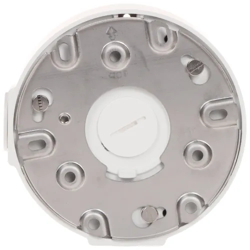 Zdjęcie przedstawia metalową podstawę montażową z kilkoma otworami i śrubami, przeznaczoną do instalacji urządzeń elektrycznych. W centralnej części znajduje się okrągły element z rowkiem, który może służyć do regulacji lub mocowania.