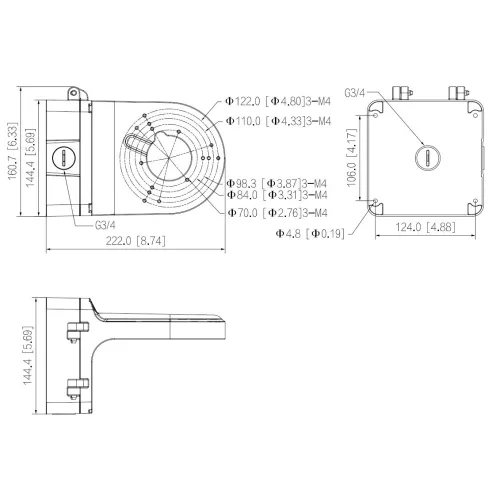 Schemat przedstawia rysunek techniczny urządzenia z trzema widokami: z boku, z góry i z przodu, z wymiarami podanymi w milimetrach i calach. Widoczne są szczegóły konstrukcyjne, takie jak otwory montażowe i oznaczenia gwintów.