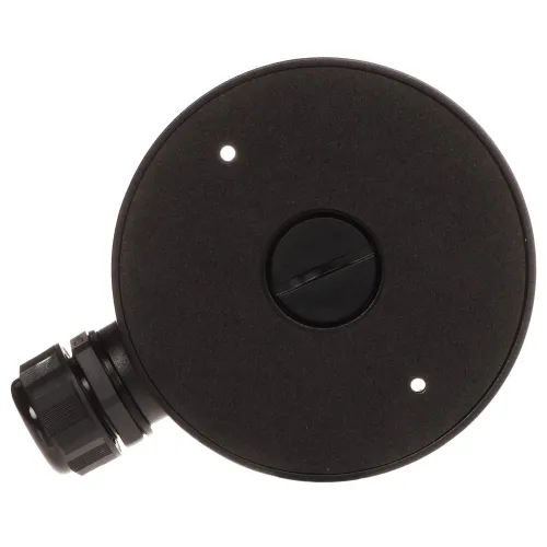 Czarny, okrągły adapter z dwoma otworami montażowymi i złączem na boku. Centralnie umieszczony jest element obrotowy z rowkiem do regulacji.