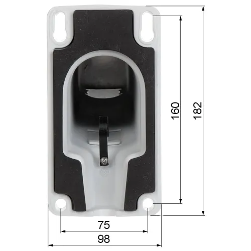 Zdjęcie przedstawia biało-czarną obudowę z otworem i metalowym elementem wewnątrz, z widocznymi wymiarami 75x98 mm i 160x182 mm. Obudowa ma dwa otwory montażowe na górze i na dole.