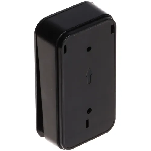 Czarny, prostokątny uchwyt montażowy z dwoma otworami na śruby i strzałką wskazującą kierunek montażu. Produkt wykonany z tworzywa sztucznego, przeznaczony do mocowania na płaskiej powierzchni.