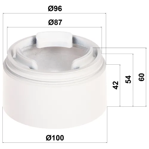 Biały, cylindryczny element z tworzywa sztucznego z widocznymi wymiarami w milimetrach: średnica zewnętrzna 100 mm, średnica wewnętrzna 87 mm, oraz wysokość 60 mm. Na górze znajduje się wycięcie i uchwyt, a wokół elementu zaznaczone są różne średnice i wysokości.