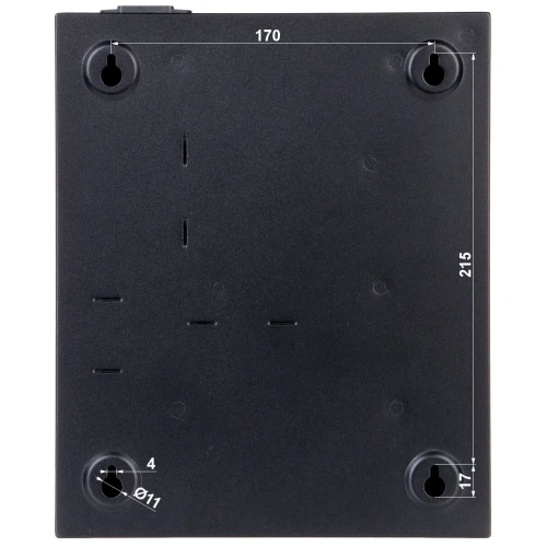 Czarna, prostokątna obudowa z tworzywa sztucznego z otworami montażowymi w rogach i oznaczeniami wymiarów. Produkt posiada gładką powierzchnię z kilkoma niewielkimi wgłębieniami i otworami na śruby.
