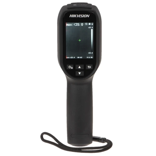 Na zdjęciu znajduje się ręczny termometr na podczerwień marki Hikvision z wyświetlaczem LCD, pokazującym aktualne odczyty temperatury. Urządzenie ma ergonomiczny uchwyt i pasek na nadgarstek, co ułatwia jego obsługę.