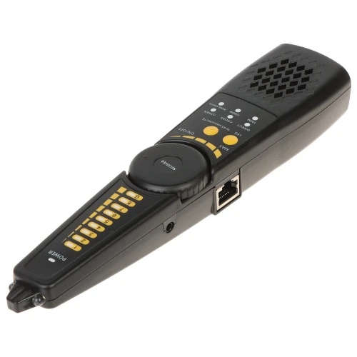 Na zdjęciu znajduje się czarny tester kabli z żółtymi przyciskami i oznaczeniami, posiadający port RJ-45. Urządzenie ma ergonomiczny kształt i kratkowaną powierzchnię na górze.