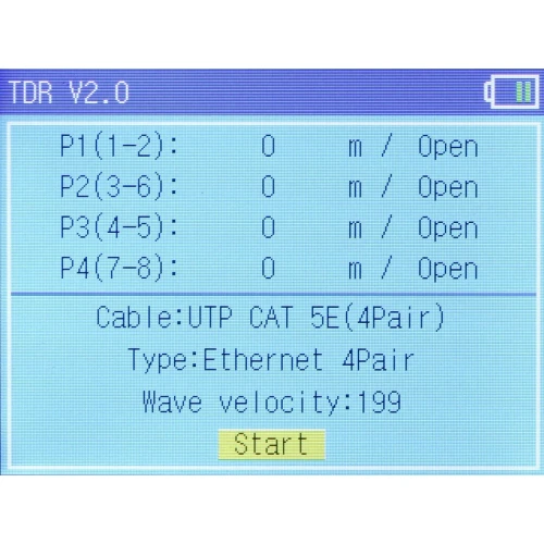Ekran urządzenia TDR V2.0 pokazuje wyniki testu dla czterech par przewodów Ethernet, wszystkie z wynikiem "0 m" i statusem "Open". Na dole ekranu widnieje informacja o typie kabla "UTP CAT 5E(4Pair)" oraz przycisk "Start".