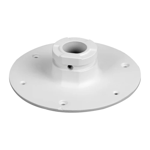 Biały, okrągły adapter montażowy z kilkoma otworami na śruby, przeznaczony do dużych kamer. Centralnie umieszczony otwór umożliwia łatwe połączenie z innymi elementami systemu.