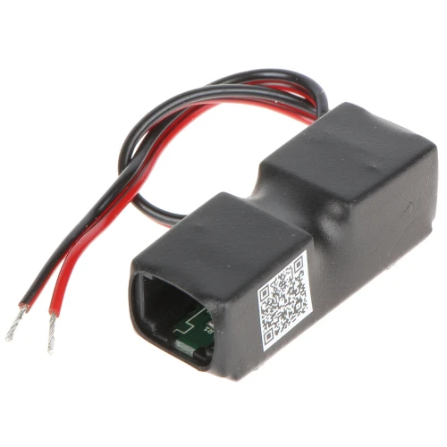 Adapter zasilania PoE AEPI-1-10-HS ATTE w czarnej obudowie z dwoma przewodami zakończonymi odsłoniętymi końcówkami. Na obudowie znajduje się kod QR.