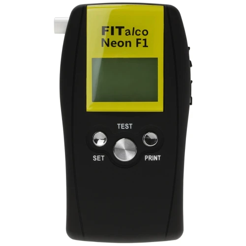 Alkomat FITalco NEON F1 w eleganckim, czarnym etui z wyświetlaczem LCD. Urządzenie do pomiaru poziomu alkoholu we krwi z precyzyjnym sensorem.