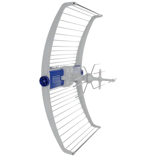 Na zdjęciu znajduje się szerokopasmowa antena ASR IQ5G z białymi i niebieskimi elementami, zamontowana na metalowej siatce. Antena ma nowoczesny design z zakrzywionymi bokami i centralnym modułem.