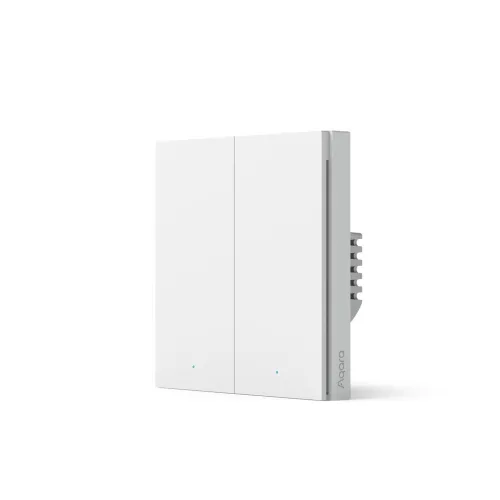 Na zdjęciu znajduje się biały, podwójny włącznik ścienny marki Aqara, widoczny z boku i lekko z przodu. Włącznik ma minimalistyczny design z delikatnym logo na boku.