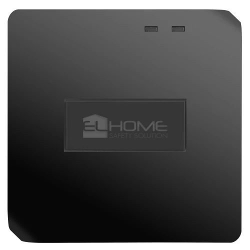 Czarny, kwadratowy panel systemu alarmowego EL Home z dwoma małymi wskaźnikami na górze. Na środku znajduje się logo "EL Home Safety Solution".