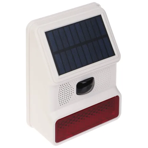 Biała czujka PIR z wbudowanym sygnalizatorem, wyposażona w panel słoneczny na górze. Poniżej znajduje się czujnik ruchu oraz czerwona sygnalizacja świetlna.