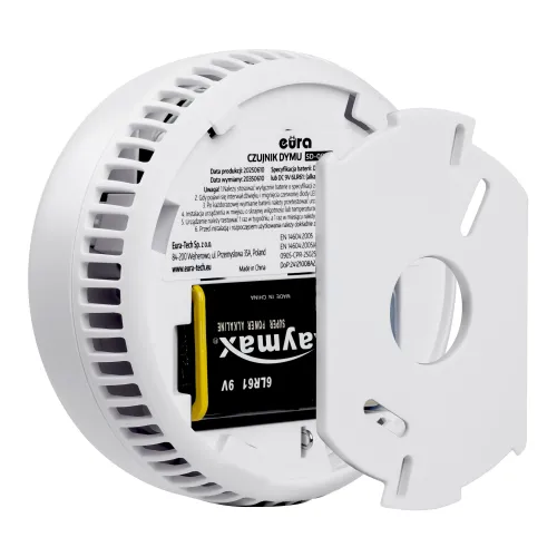 Czujnik dymu EURA SD-08A2 - bateryjny 9V DC, czujnik fotooptyczny, żywotność sensora 10 lat, 5 lat gwarancji