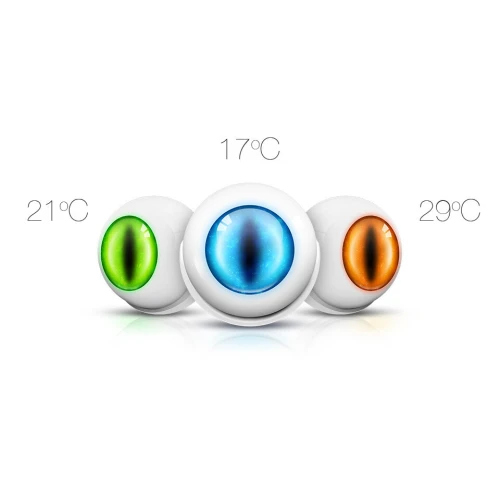 Trzy czujniki ruchu, światła i temperatury w kształcie kulistym, z kolorowymi centralnymi elementami: zielonym, niebieskim i pomarańczowym, wskazującymi różne temperatury. Każdy czujnik ma przypisaną temperaturę: 21°C, 17°C i 29°C.