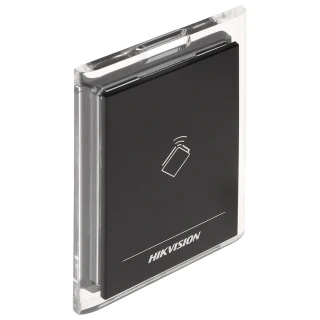 Czytnik zbliżeniowy Hikvision DS-K1101M w eleganckiej, czarnej obudowie z przezroczystymi krawędziami. Na przedniej części znajduje się ikona karty zbliżeniowej oraz logo producenta.
