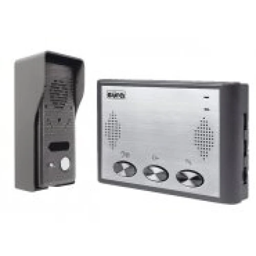 Na zdjęciu znajduje się domofon ADP-10A3, składający się z jednostki zewnętrznej i wewnętrznej. Domofon ADP-10A3 ma elegancki, nowoczesny design z trzema przyciskami na panelu wewnętrznym.