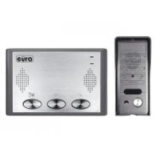 Na zdjęciu znajduje się domofon ADP-10A3, składający się z panelu zewnętrznego i wewnętrznego. Domofon ADP-10A3 ma elegancki, nowoczesny design z trzema przyciskami na panelu wewnętrznym.