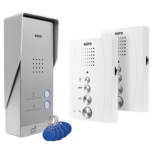 Домофон EURA ADP-62A3 - білий, на дві сім'ї, гучний зв'язок, 2 входи, зчитувач RFID