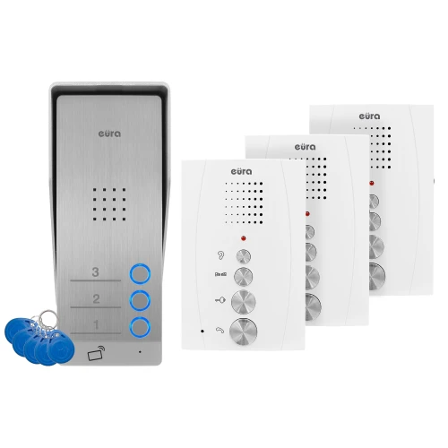 Домофон EURA ADP-63A3 - білий, на три сім'ї, гучний зв'язок, підтримка 2 входів, зчитувач RFID