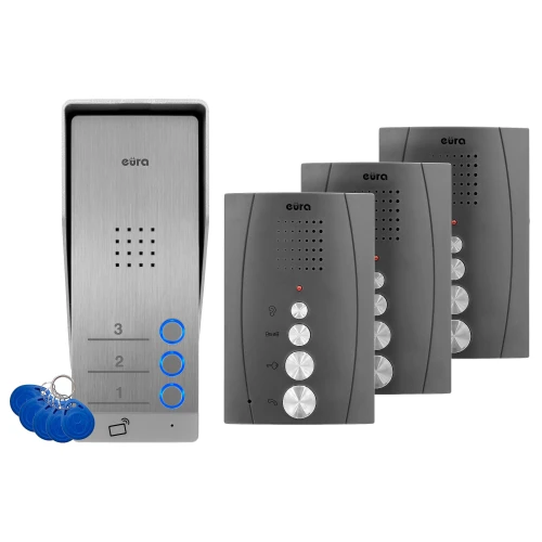 Домофон EURA ADP-63A3 - графітовий, на три сім'ї, гучний зв'язок, підтримка 2 входів, зчитувач RFID