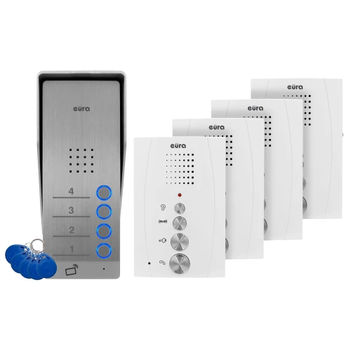 Домофон EURA ADP-64A3 - білий, на 4 сім'ї, гучний зв'язок, підтримка 2 входів, зчитувач RFID