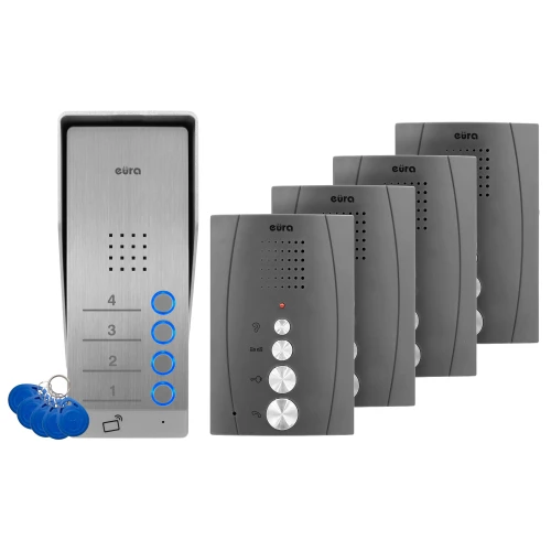 Домофон EURA ADP-64A3 - графітовий, на 4 сім'ї, гучний зв'язок, підтримка 2 входів, зчитувач RFID