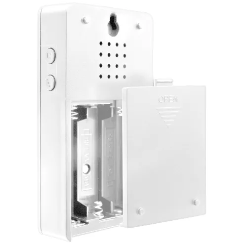 Biały, bezprzewodowy dzwonek Eura WDP-44A3 Funky z otwartą pokrywą baterii, ukazującą miejsce na dwie baterie DC 3V. Obudowa posiada otwory wentylacyjne i przyciski funkcyjne po lewej stronie.