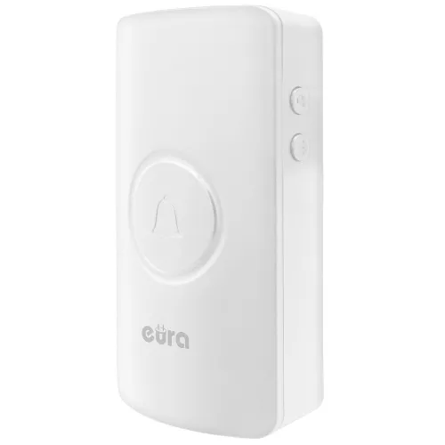 Biały, prostokątny dzwonek bezprzewodowy z logo "Eura" na dole i przyciskiem z symbolem dzwonka na środku. Po prawej stronie znajdują się dwa małe przyciski funkcyjne.