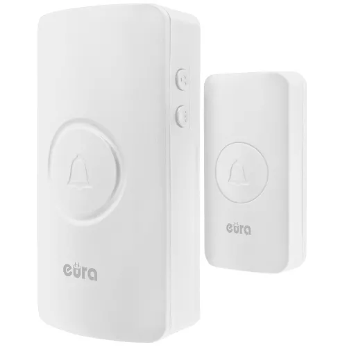 Na zdjęciu znajduje się biały, bezprzewodowy dzwonek do drzwi marki Eura, składający się z dwóch elementów: przycisku i odbiornika. Oba elementy mają minimalistyczny design z widocznym logo Eura i symbolem dzwonka.