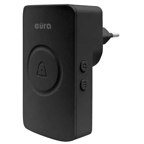 Czarny, bezprzewodowy dzwonek Eura WDP-50A3 z kinetycznym przyciskiem i możliwością rozbudowy. Urządzenie posiada dwa przyciski funkcyjne i wtyczkę do gniazdka elektrycznego.