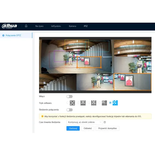 Zrzut ekranu przedstawia interfejs oprogramowania do zarządzania kamerą PTZ marki Dahua, z widokiem na pomieszczenie z manekinami i kolorowymi ramkami do śledzenia obiektów. Na dole znajdują się opcje konfiguracji trybu śledzenia i ustawień kamery.