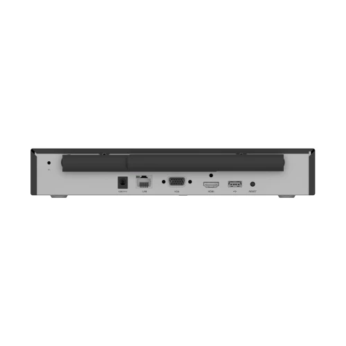 Zdjęcie przedstawia tylny panel rejestratora IP Ezviz X5S-8W z różnymi portami, w tym złączem LAN, HDMI, USB i zasilania. Urządzenie ma prostokątny kształt i jest w kolorze srebrnym z czarnymi elementami.