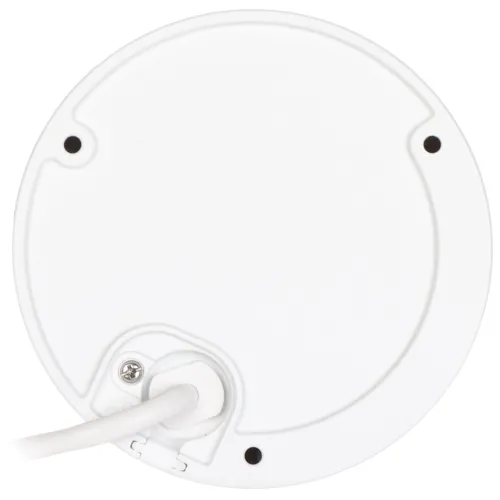 Białe, okrągłe urządzenie z gniazdem na kartę pamięci i przyciskiem reset, widoczne od spodu. W dolnej części znajduje się przewód zasilający.