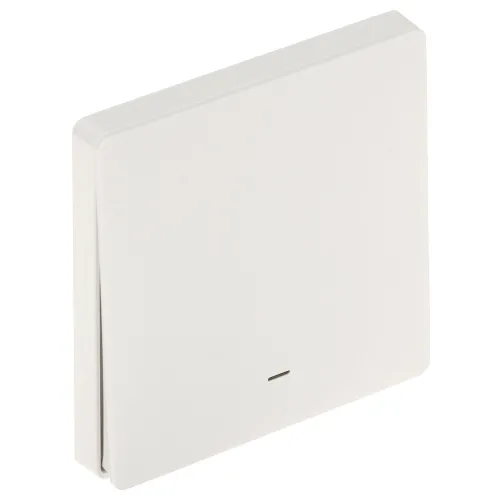 Zdjęcie przedstawia biały, inteligentny przełącznik światła o minimalistycznym designie. Przełącznik ma gładką powierzchnię z subtelnym oznaczeniem na dole.