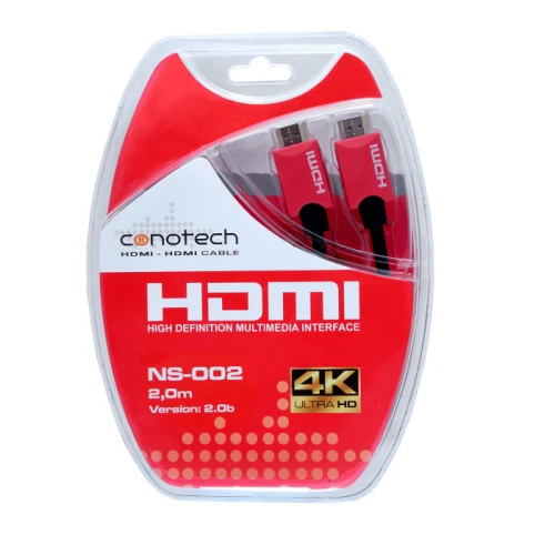 Opakowanie kabla HDMI Conotech NS-002 o długości 2 metrów, z oznaczeniem 4K Ultra HD i wersją 2.0b. Kabel jest zapakowany w przezroczyste, owalne pudełko z czerwonymi i białymi elementami graficznymi.