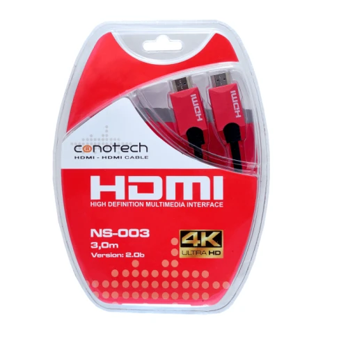 Opakowanie kabla HDMI Conotech NS-003 o długości 3 metrów, obsługującego rozdzielczość 4K Ultra HD. Kabel jest zapakowany w przezroczyste, plastikowe opakowanie z czerwonymi i białymi elementami graficznymi.