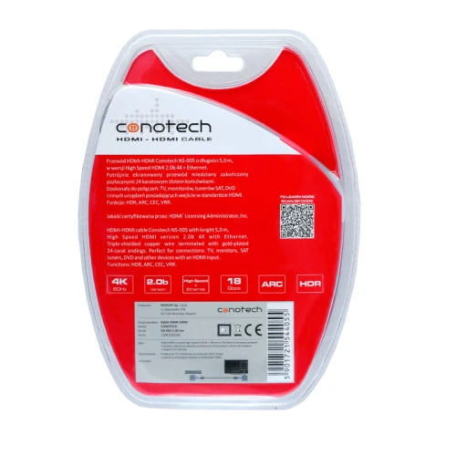 Opakowanie kabla HDMI marki Conotech, model NS-005, o długości 5 metrów, z informacjami o specyfikacjach takich jak 4K, 18 Gbps, ARC i HDR. Przód opakowania jest w kolorze czerwonym z białymi i czarnymi napisami oraz kodem kreskowym.