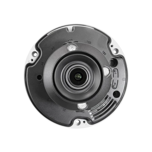 Zdjęcie przedstawia kopułową kamerę IP o rozdzielczości 5MPX, ukazaną z przodu, z widocznym obiektywem i oznaczeniami kątów wokół niego. Kamera ma czarno-srebrną obudowę z symetrycznym układem elementów.