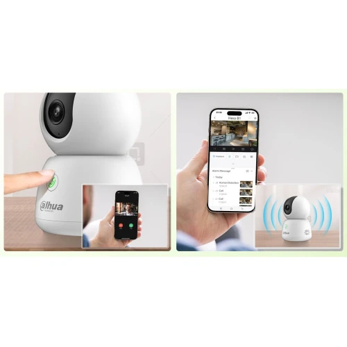Zdjęcie przedstawia białą, obrotową kamerę IP marki Dahua z funkcją monitoringu, obok której znajduje się smartfon pokazujący aplikację do zarządzania kamerą. W tle widać ekran z podglądem z kamery oraz ikonę sygnalizującą łączność bezprzewodową.