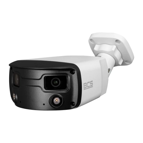 Na zdjęciu znajduje się biała, tubowa kamera IP z czarnym frontem i logo BCS, wyposażona w obiektyw oraz diody LED. Kamera ma nowoczesny design i jest przeznaczona do montażu zewnętrznego.