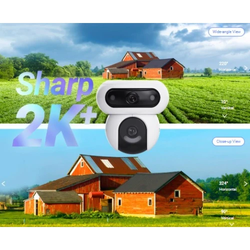 Zdjęcie przedstawia kamerę obrotową IP Wi-Fi na tle wiejskiego krajobrazu z czerwonymi budynkami i zielonymi polami. Na obrazie widoczne są także napisy promujące jakość obrazu 2K+ oraz różne kąty widzenia kamery.