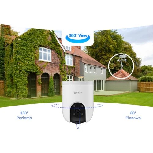 Zdjęcie przedstawia kamerę obrotową EZVIZ H8 umieszczoną na tle domu z ogrodem, z zaznaczonymi kątami obrotu 350 stopni poziomo i 80 stopni pionowo. W górnej części obrazu znajduje się grafika informująca o widoku 360 stopni.