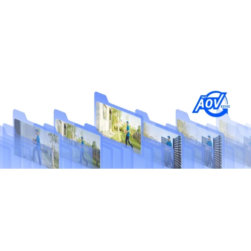 Zdjęcie przedstawia grafikę z kilkoma przezroczystymi folderami, w których znajdują się obrazy osoby w niebieskim stroju, przechodzącej przez ogród. W prawym górnym rogu znajduje się logo z napisem "24/7 AOV Ezviz".