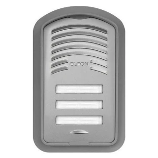 Na zdjęciu znajduje się srebrna kaseta domofonowa z trzema przyciskami i głośnikiem, umieszczona w szarej obudowie. Na górze widoczny jest napis "ELFON".