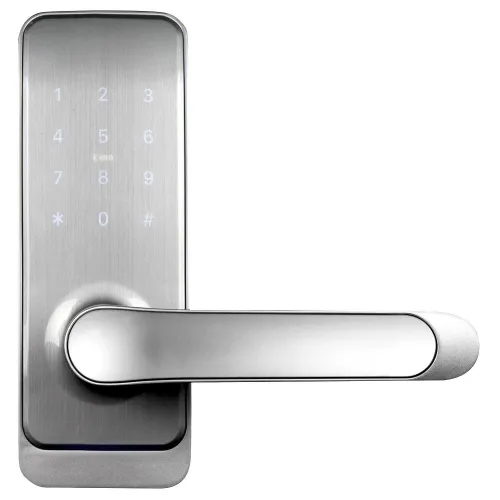 Srebrna klamka z wbudowanym kontrolerem dostępu, wyposażona w klawiaturę numeryczną i czytnik MIFARE. Nowoczesny design z gładkim wykończeniem i podświetlanymi przyciskami.