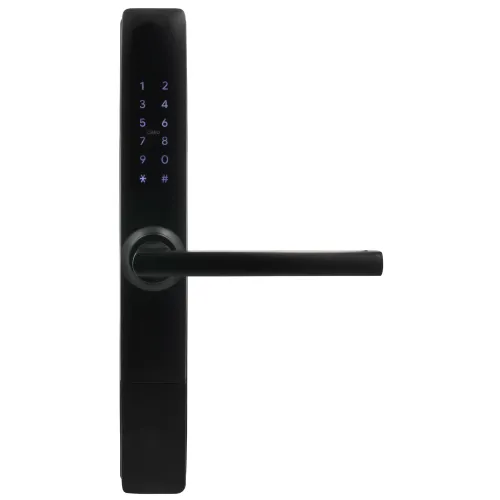 Czarna klamka z kontrolerem dostępu, wyposażona w panel numeryczny z podświetlanymi cyframi. Nowoczesny design z długim, wąskim profilem.