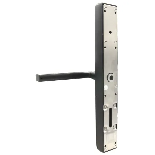 Długi, wąskoprofilowy szyfrator drzwiowy w kolorze czarnym z kontrolerem dostępu. Widoczna jest klamka oraz panel z miejscem na klucz i otwory montażowe.